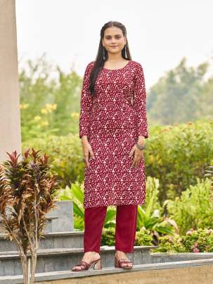 SIBORI VOL 1 - MAROON RAYON PRINTED WITH MIRROR HAND WORK KURTI PANT SET