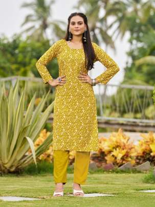 SIBORI VOL 1 - MUSTARD RAYON PRINTED WITH MIRROR HAND WORK KURTI PANT SET