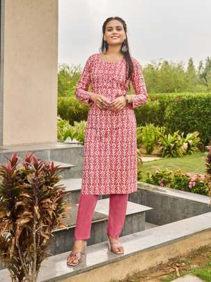 SIBORI VOL 1 - PEACH RAYON PRINTED WITH MIRROR HAND WORK KURTI PANT SET