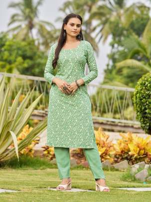 SIBORI VOL 1 - PISTA RAYON PRINTED WITH MIRROR HAND WORK KURTI PANT SET