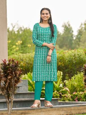 SIBORI VOL 1 - TEAL RAYON PRINTED WITH MIRROR HAND WORK KURTI PANT SET