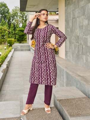 SIBORI VOL 1 - WINE RAYON PRINTED WITH MIRROR HAND WORK KURTI PANT SET