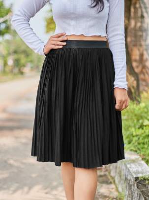 SKIRT - BLACK HEAVY CREPE PLEATED PARTY WEAR SKIRT