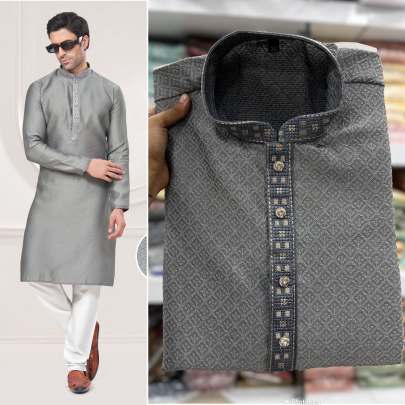 SUPER GREY SILK JACQUARD MENS KURTA PYJAMA WITH EMBROIDERY WORK