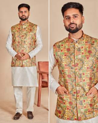 SWAGAT VOL 1 - MEN'S SOFT SILK KURTA PYJAMA SET WITH BANARASI KOTI