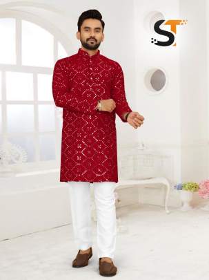 Stunning Maroon Mirror Work Silk Kurta Pyjama For Men