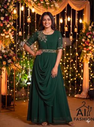 Trending flaired green gowns with elegant drape style, embroidery work & matching dupatta