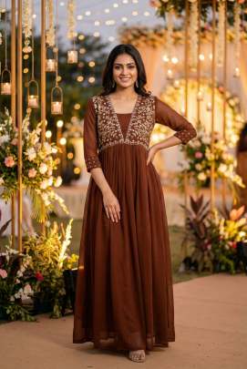 Trendy rust color gown with handwork and embroidery
