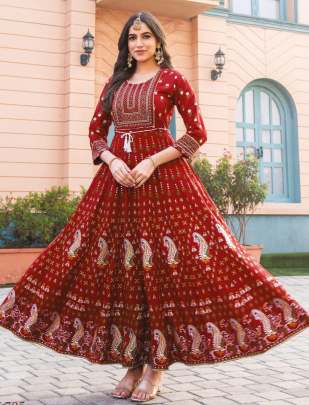 GLAM NX - RAYON PRINTED LONG ANARKALI GOWN WITH EMBROIDERY WORK