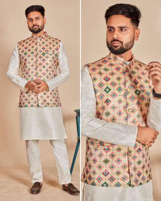 SWAGAT VOL 1 - MEN'S SOFT SILK KURTA PYJAMA SET WITH BANARASI KOTI