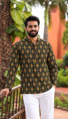 mens printed cotton short kurta wholesale